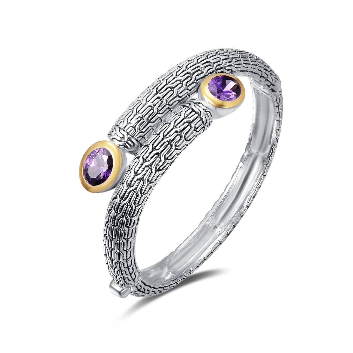 UNY JEWEL Jewelry Multi Strand Foxtail Chain Woven Pattern Inlay 8 by 10 Oval CZ Vintage Antique Two Tone Elegant Designer Inspired Unique Box Tongue Clasp Bangle (Purple)