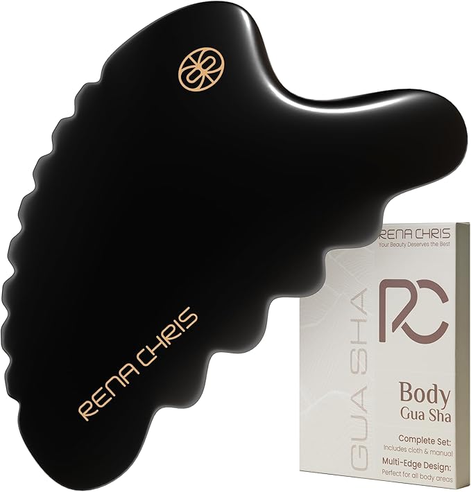 Rena Chris Body Gua Sha Tools, Natural BianStone Guasha Tool, Manual Massage Sticks for Jawline Sculpting and Puffiness Reducing, Whole Body Skin Care Massager (Black)