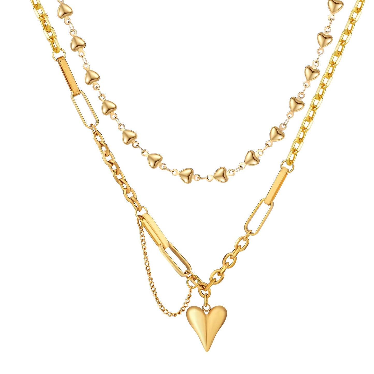 VceTd 18K Gold Women's Heart Pendant Necklace,chunky gold necklace Stackable Two Piece Set, Multi-Layered Chunky Heart Necklace,layered gold necklace, Women's Fashion Jewelry Gift