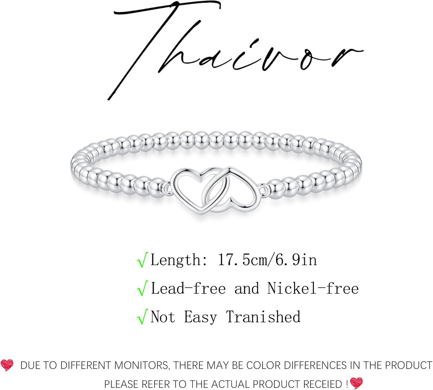 Beaded Bracelets for Women 14K Silver Gold Plated Stretch Handmade Ball Bracelets Cute Charm Bracelet Dainty Stackable Cross Heart Bow Wave CZ Circle Trendy Jewelry Easter Gifts (double-heart-silver)