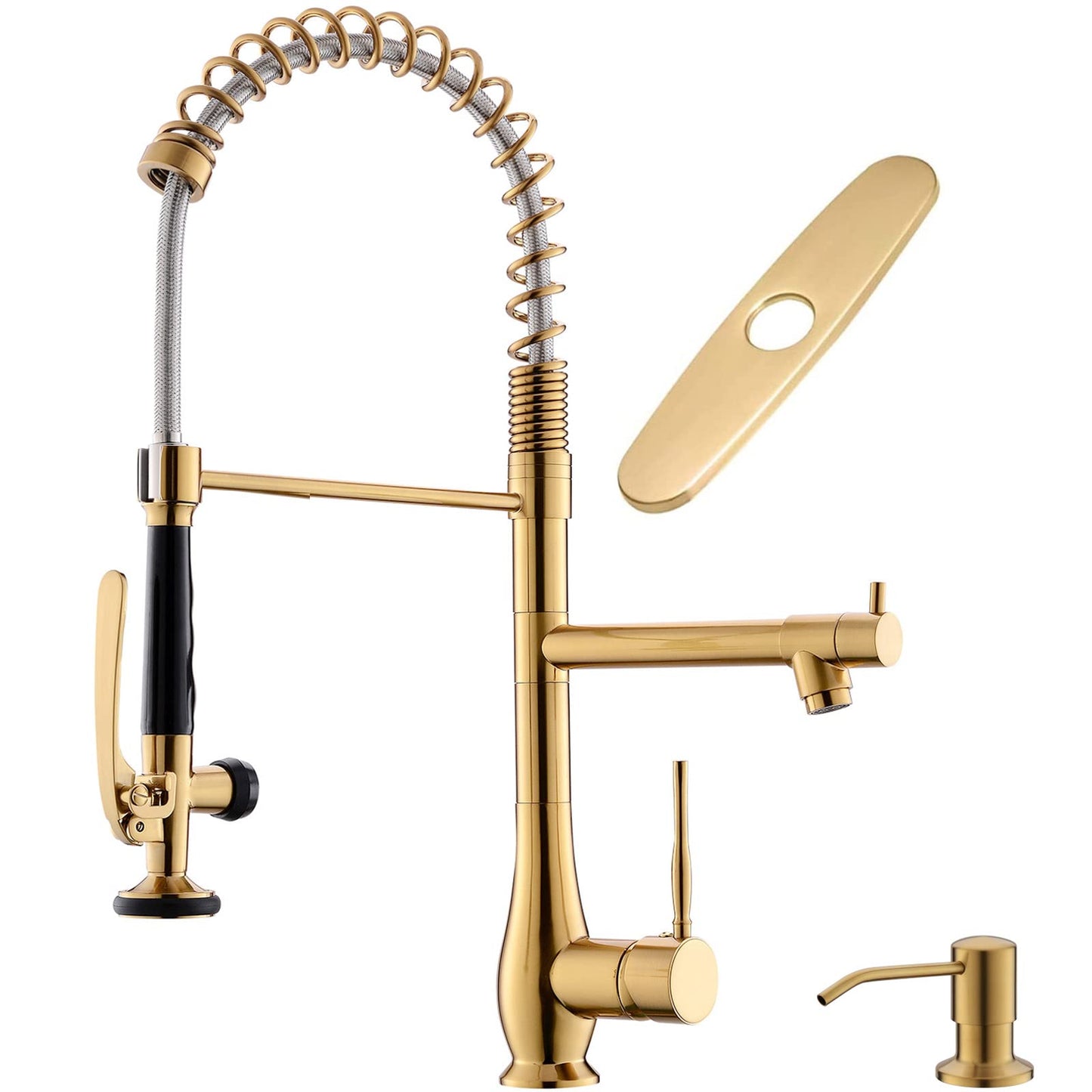 GIMILI Commercial Kitchen Faucet with Pull Down Sprayer, Double Headed Single Handle High Pressure Kitchen Faucet with Soap Dispenser Brushed Gold