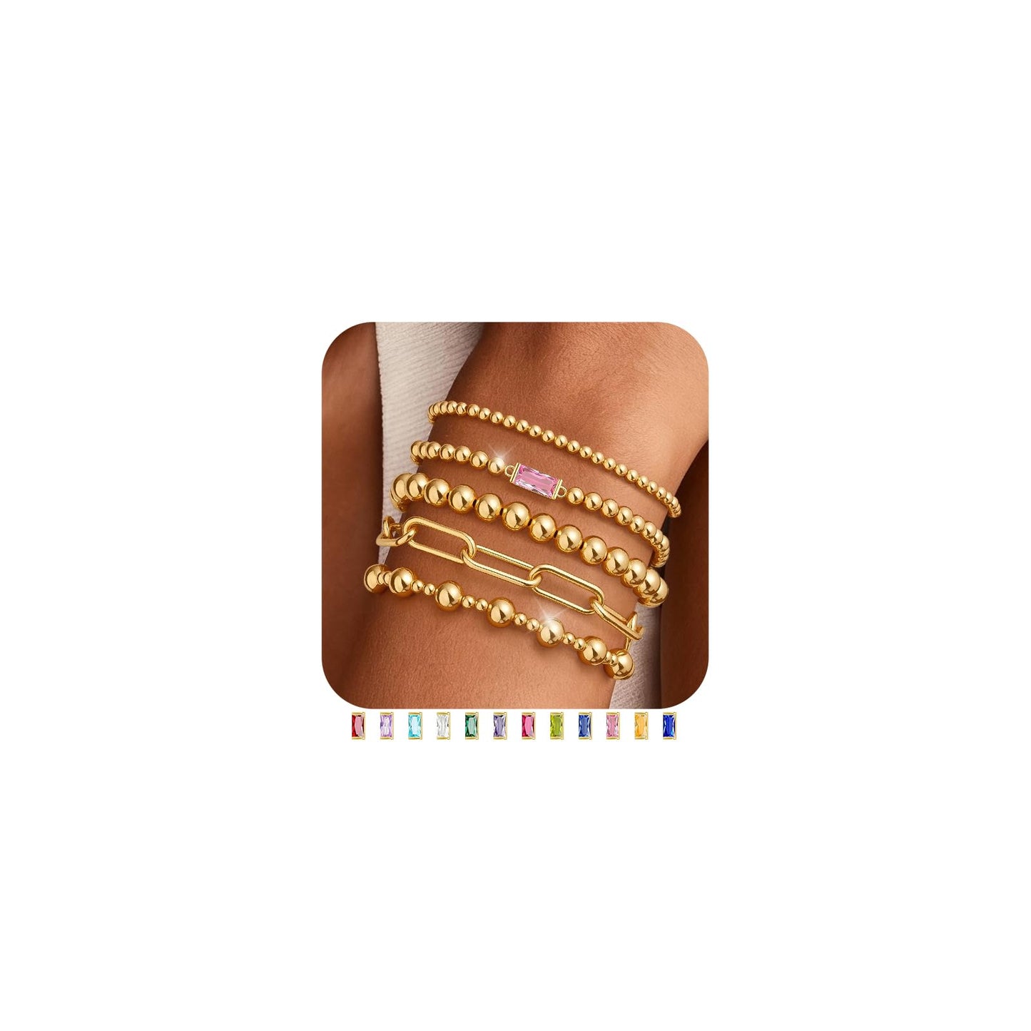 5 PCS Gold Bracelets for Women, Dainty Birthstone Bracelet 14K Gold Plated Stackable Paperclip Cuban Link Chain Bead Bracelets, Fashion Trendy Jewelry Sets Birthday Gifts