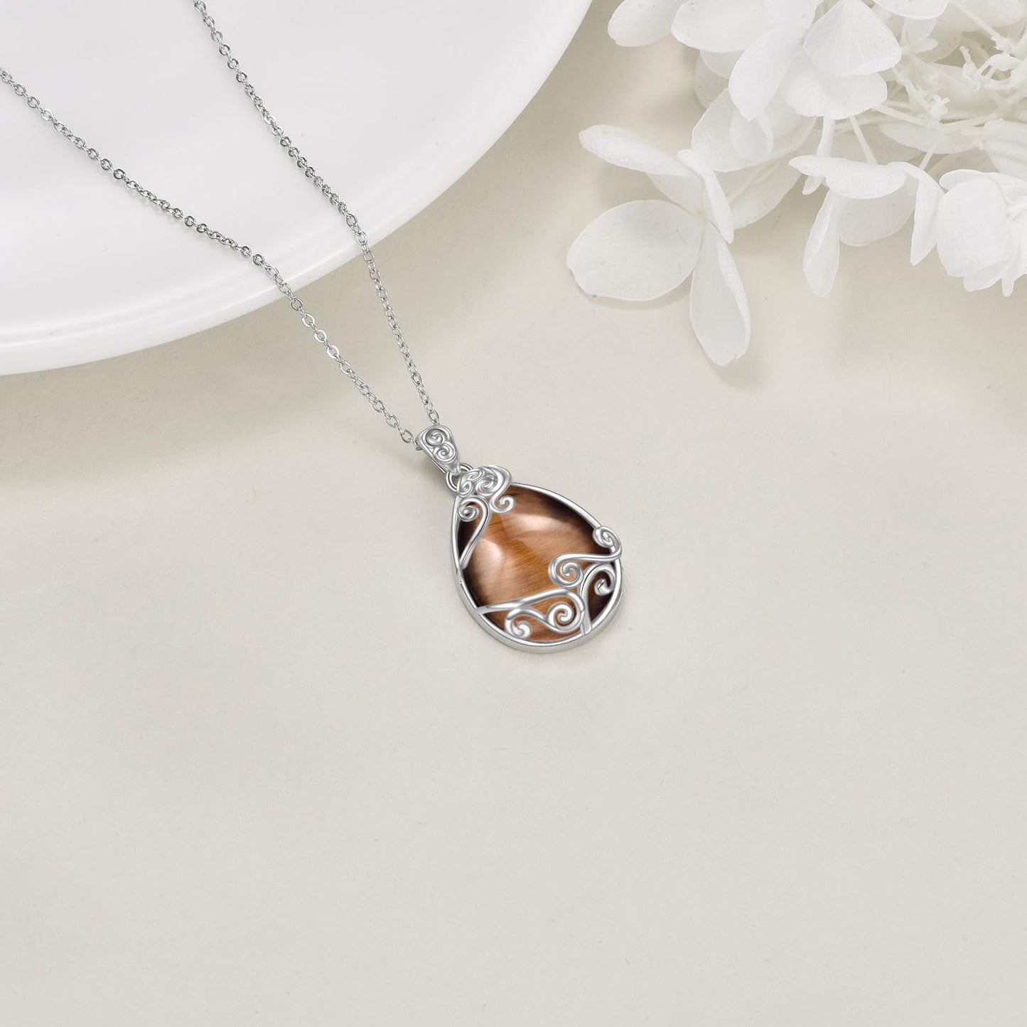 YAFEINI 925 Sterling Silver Tiger Eye Stone Necklace Filigree Teardrop Pendant Necklace Jewelry for Women (EE-Tiger Eye Stone Filigree Necklace)