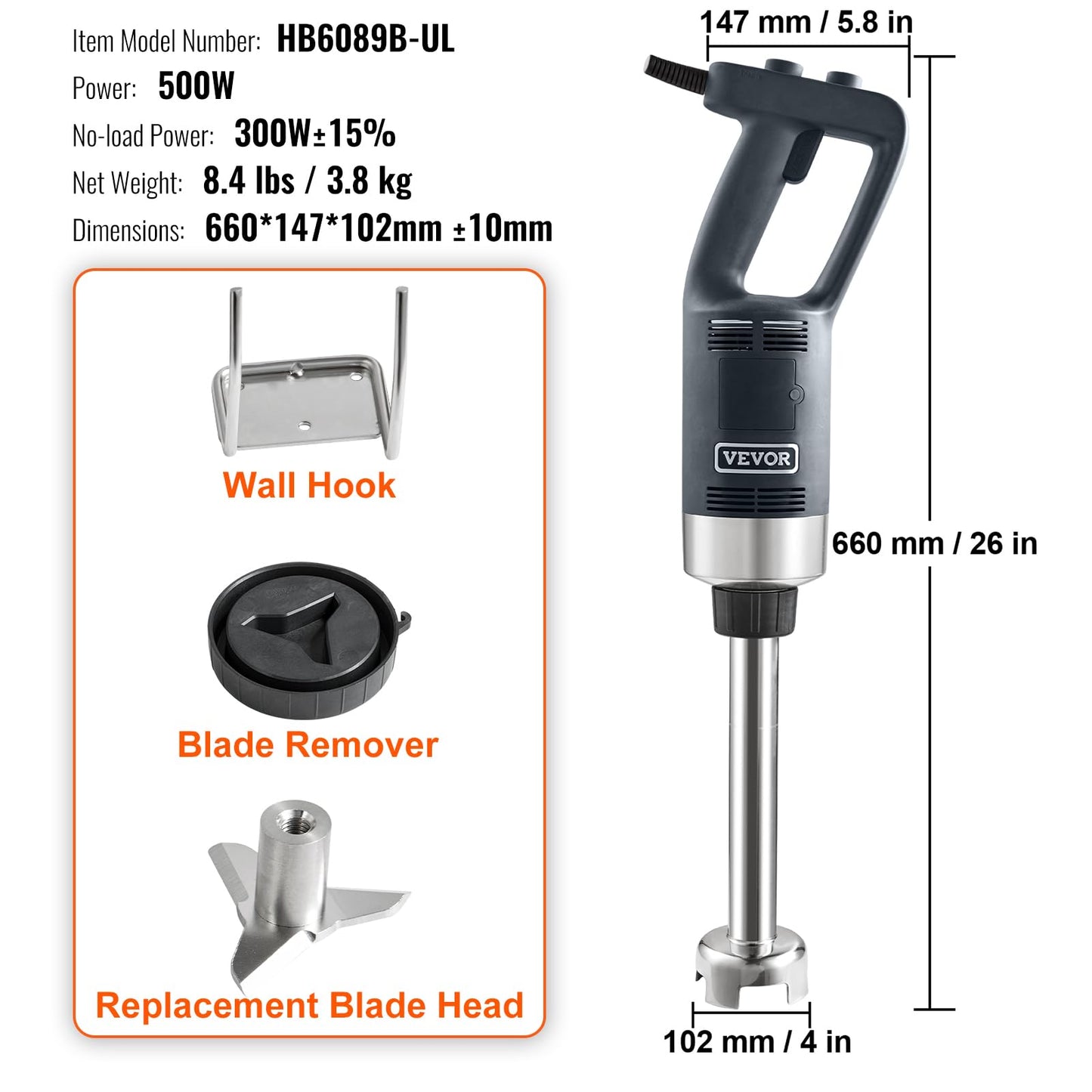 VEVOR 500W 12 Inch Heavy Duty Hand Mixer, Variable Speed Stick Mixer with 304 Stainless Steel Blade, Multi-Purpose Portable Mixer for Soup, Smoothie, Puree, Baby Food