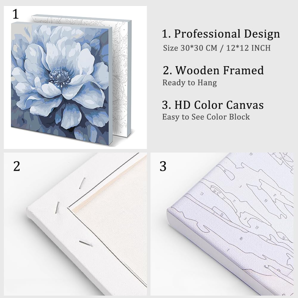Natuyalo Framed Paint by Numbers Kit for Adults - Blue Flower DIY Adult Paint by Number Kits Flowers Acrylic Canvas Painting for Adults Beginners Art Crafts with Frame, 12x12 Inch