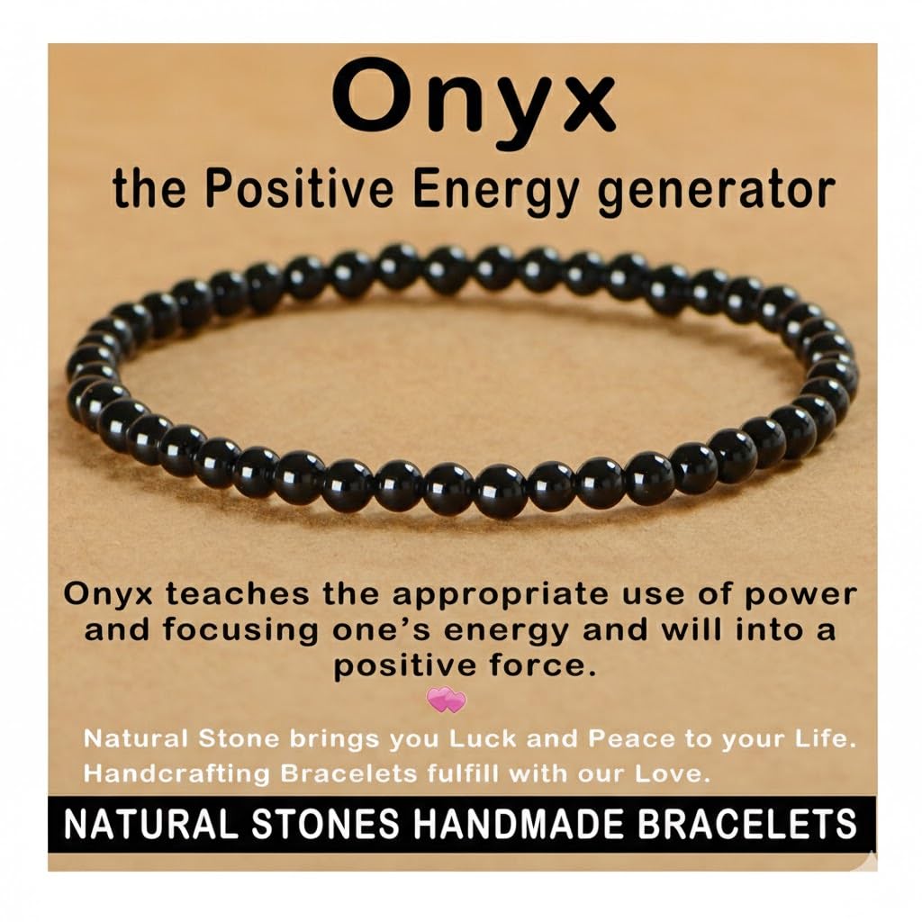 AD Beads Handmade Gemstone Stretch Elastic Bracelet Crystal Healing Reiki Nature's Beauty and Spiritual Essence Unisex (4mm, Black Onyx)