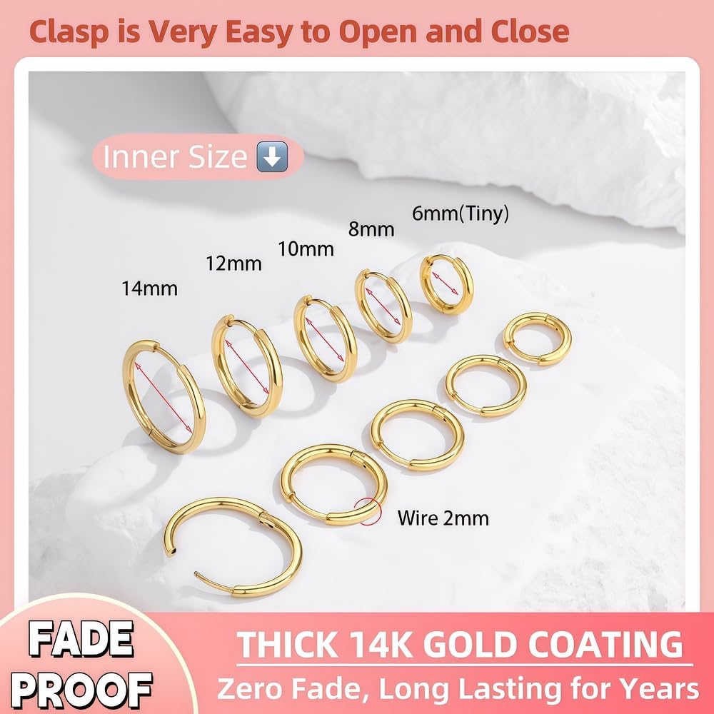 5 Pairs Small Gold Huggie Hoop Earrings Set Women 14K Gold Plated Cartilage Earrings Hypoallergenic Lightweight Stainless Steel Earrings 2nd 3rd Hole Cute Multiple Piercing Stack Jewelry Trendy Gift
