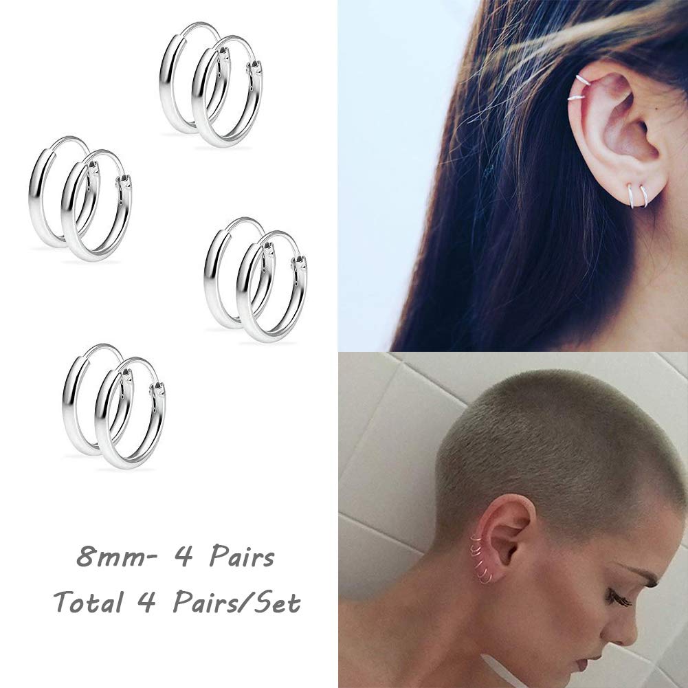 EPIRORA Silver Hoop Earrings- Cartilage Earring Small Hoop Earrings for Women Men,4 Pairs of Hypoallergenic 925 Sterling Silver Tragus Earrings(Silver,8mmx4)