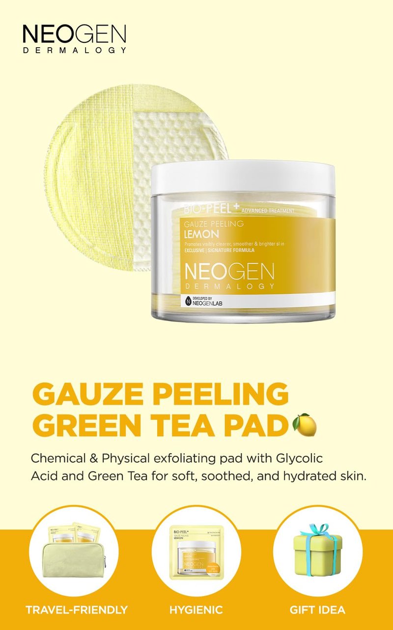 DERMALOGY by NEOGENLAB Bio-Peel Gauze Peeling Lemon - 2-in-1 Physical + AHA Exfoliating Pads with Lemon, Lemongrass & Vitamin C for Smoother, Even-Looking, Glowing Skin, Korean Skin Care 30 Count