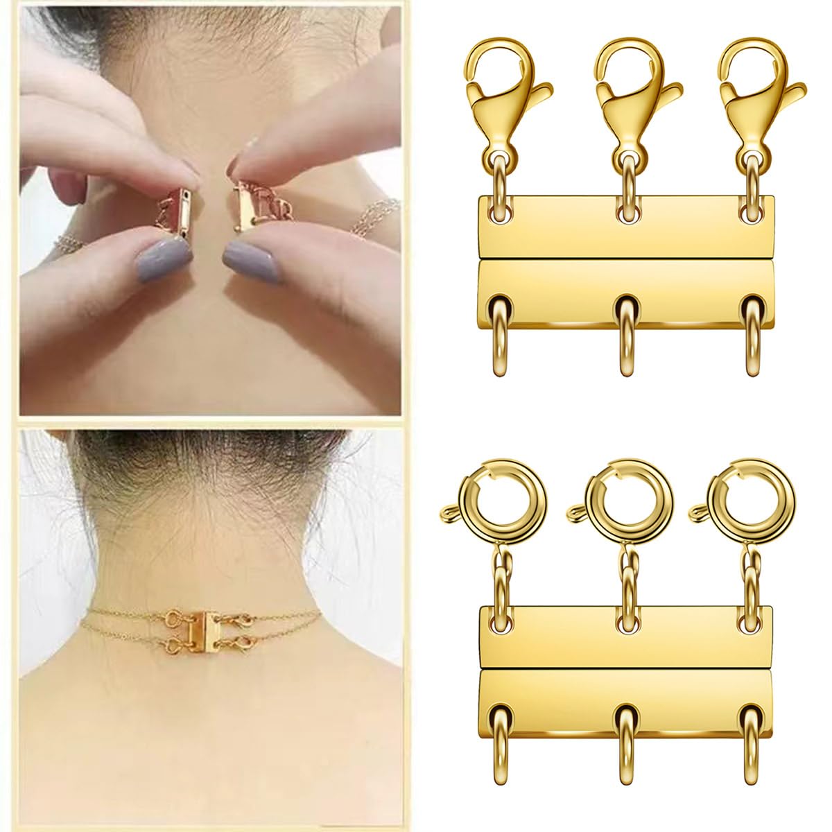 Oilzorr Layering Magnetic Necklace Clasps, multiple necklace clasp,necklace clasps for layered look，Stainless Steel Chain Link Clasps for Necklaces and Bracelets, Silver, Gold (3golden 3silver B)
