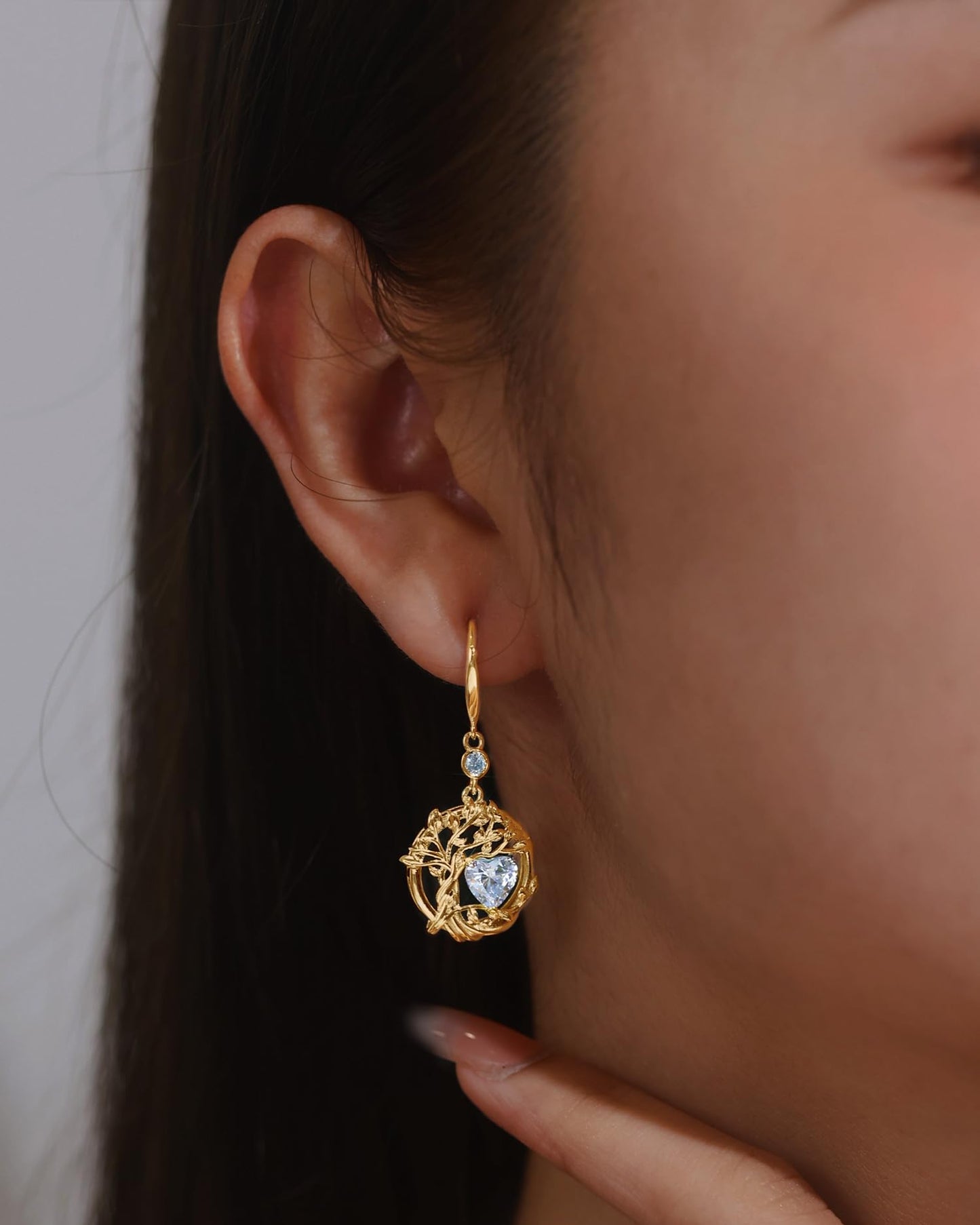 FANCIME Tree of Life Earrings 925 Sterling Silver Yellow Gold Plated Aquamarine Dangle Drop Blue Gemstone Earring March Birthstone Fine Jewelry Birthday Mothers Day Gifts for Women Her