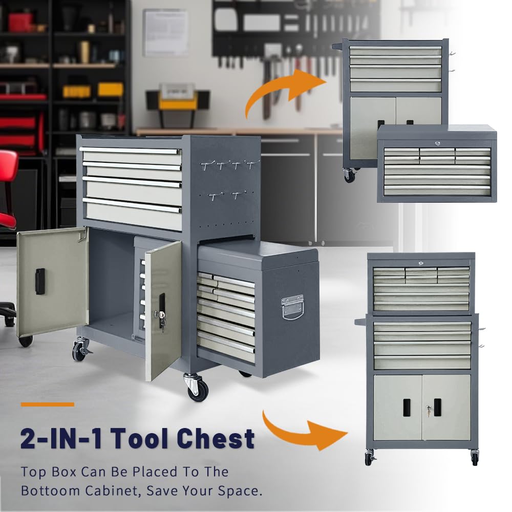 Sormols 13-Drawer Rolling Tool Chest with Double Doors, 2 in 1 Detachable Rolling Tool Chest with Drawers, Mobile Tool Cabinet Combo, Metal Large Lockable Tool Box for Garage Workshop (Gray)