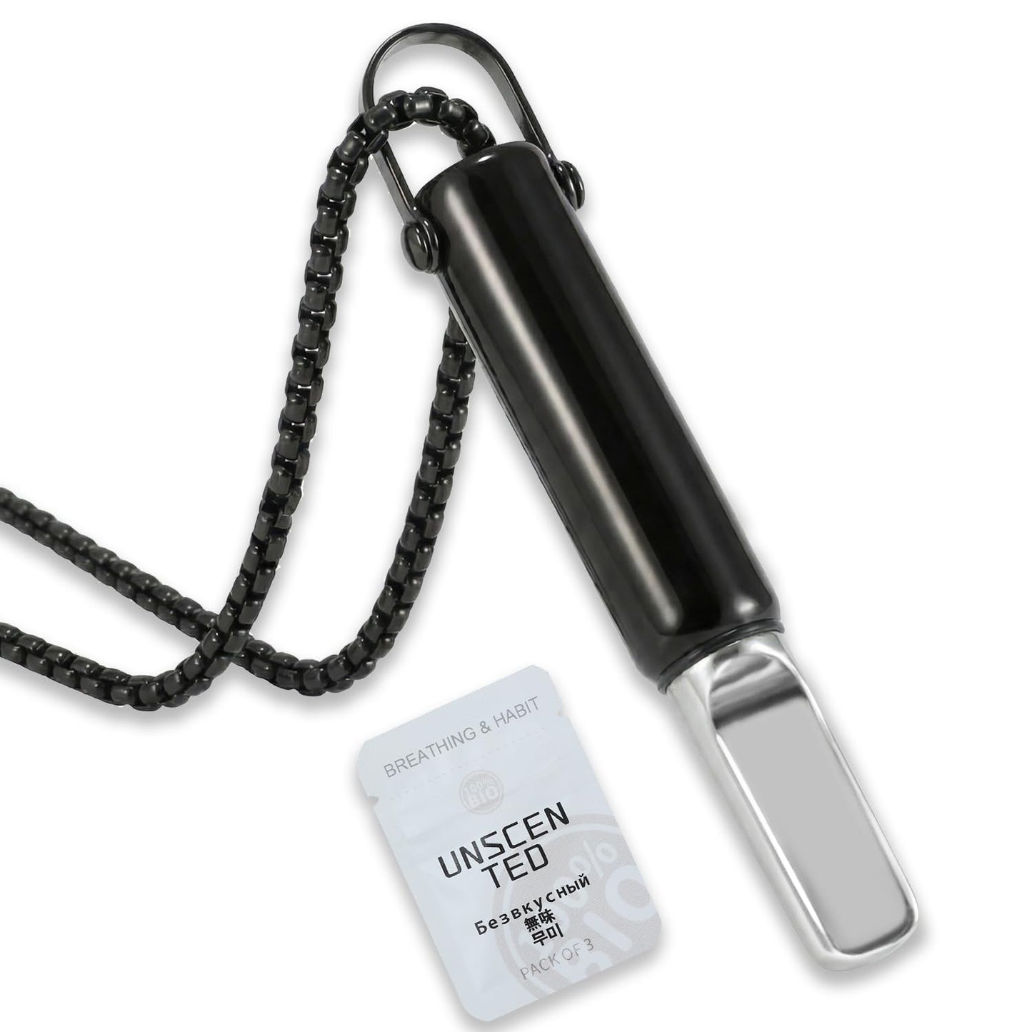 Breathing Necklace to Quit Smoking, Stainless Steel Smokeless Inhaler, Deep Breathing Aid, 3 Unscented Sponge Cores, Portable Velvet Bag, for Yoga, Office, Study, Meditation(Black)