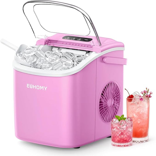 EUHOMY Countertop Ice Maker Machine with Handle, 26lbs in 24Hrs, 9 Ice Cubes Ready in 6 Mins, Auto-Cleaning Portable Ice Maker with Basket and Scoop, for Home/Kitchen/Camping/RV. (Pink)