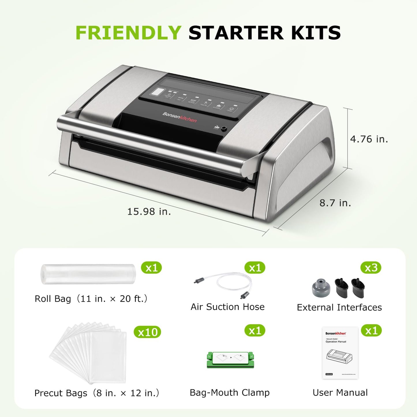 Bonsenkitchen Vacuum Sealer for Food, Easy-Lock Handle Vacuum Sealer Machine with Bag Clip, Built-in Cutter and Bag Storage for Sous Vide and Meal Prep, 1 Roll Bag & 10 Pre-Cut Bags, Silver