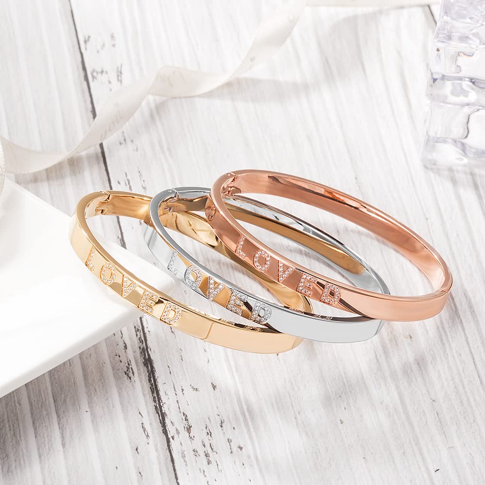 WISTIC Gold Plated Bangle Bracelet for Women, Silver Engraved Letter Cuff Bracelet with CZ, Fits 6.0–7.0 Inch Wrist, 2.4in Inner Dia., Rose Gold Stainless Steel Hinged Bangle Jewelry, LOVED, Rose Gold