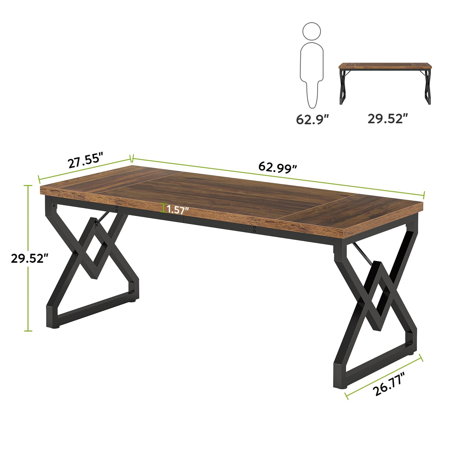 Tribesigns 63-inch Executive Desk, Large Office Computer Desk with Extra Thick Wooden Tabletop and Metal Frame, Modern Simple Workstation Writing Table Study Desk for Home Office, Vintage Brown