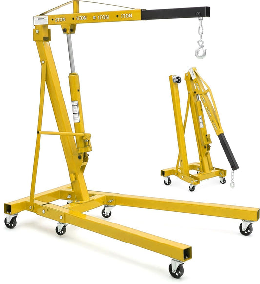 2 Ton Folding Hydraulic Engine Hoist Cherry Picker, 4400 Lbs Capacity, Adjustable Telescoping Boom, Heavy Duty Shop Crane No Load Leveler & 6 Swivel Wheels, for Garage Workshop Warehouse Automotive