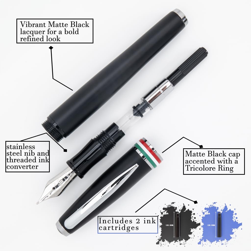 Monteverde USA Aldo Domani Italia Fountain Pen Matte Black – Fine Nib – Free Ink Bottle, Converter & Cartridges – German JoWo Nib – Gift-Boxed Luxury Pen