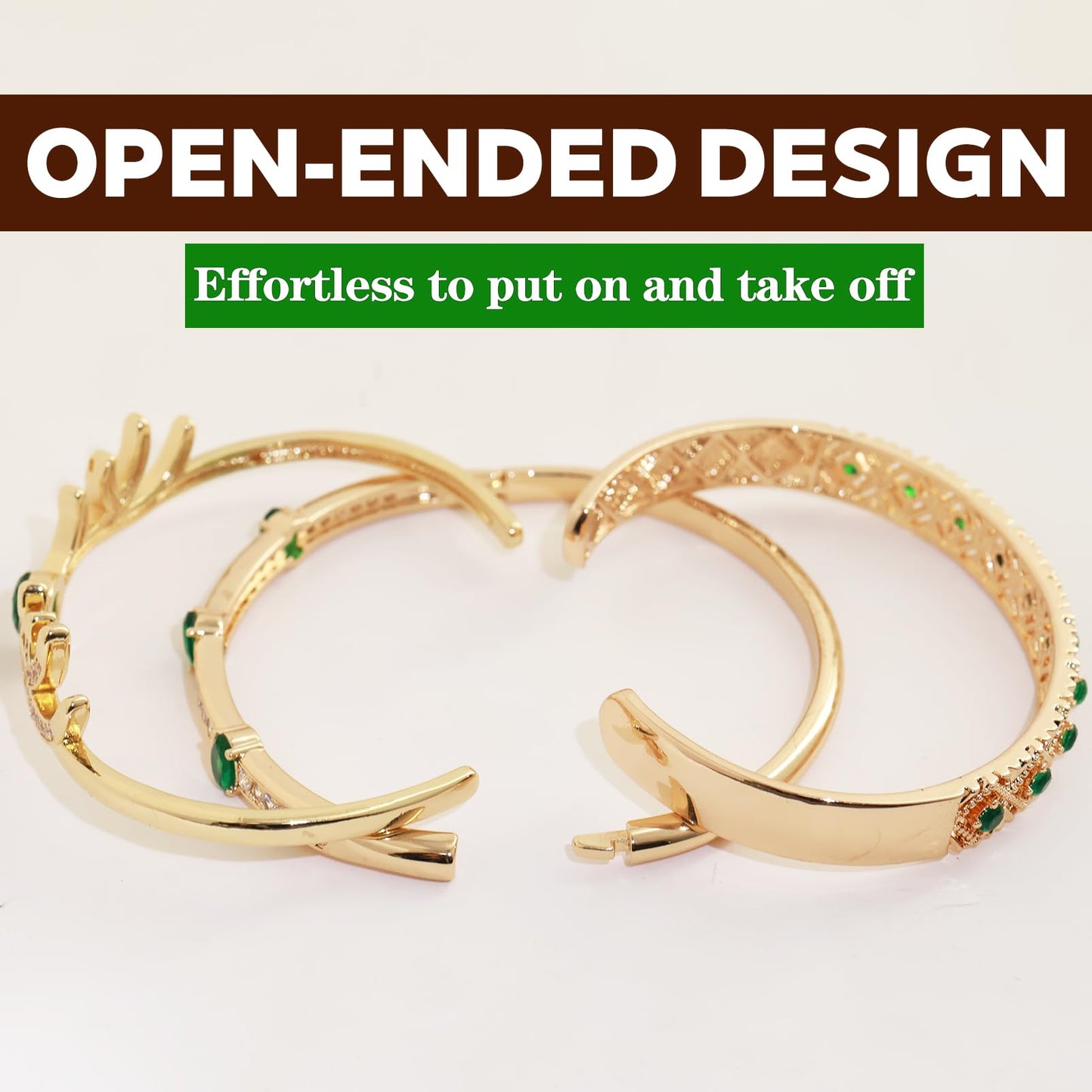 fivesweet 3PCS Gold Bangle Bracelet Set for Women, Luxurious Emerald Style, Copper Inlaid with 3A Zircon, Stackable Trendy Jewelry, 2.4 Inch, Great Gift for Her Girlfriend Wife Mom Sister Lover on Birthday Christmas Valentine's Day Mother's Day