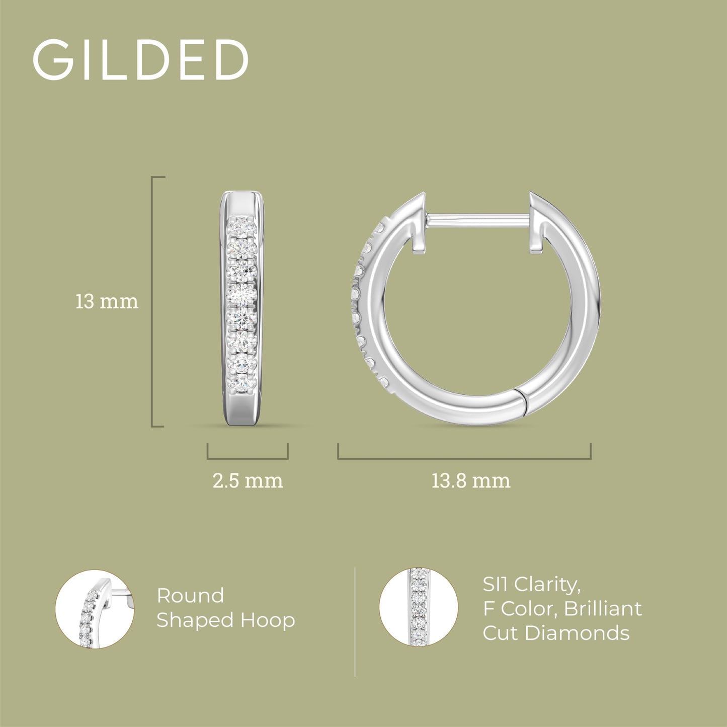 Gilded 1/10 Carat Total Weight Lab-Grown Diamond Hoop Earrings for Women in Sterling Silver | Round Shaped Hoops | Hypoallergenic Fine Jewelry | Hinged Closure | SI1 Clarity, F Color