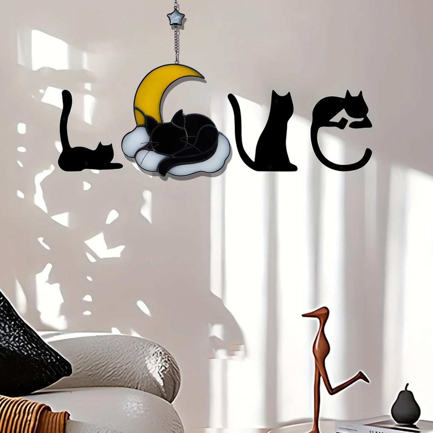 Sleeping Cat Stained Glass Windown Hanging,the Black cat Sleeping Under the Companionship of Stars and Moon,Beautiful Handcrafted Sun Catcher Gifts for Daughter,Mothers Day