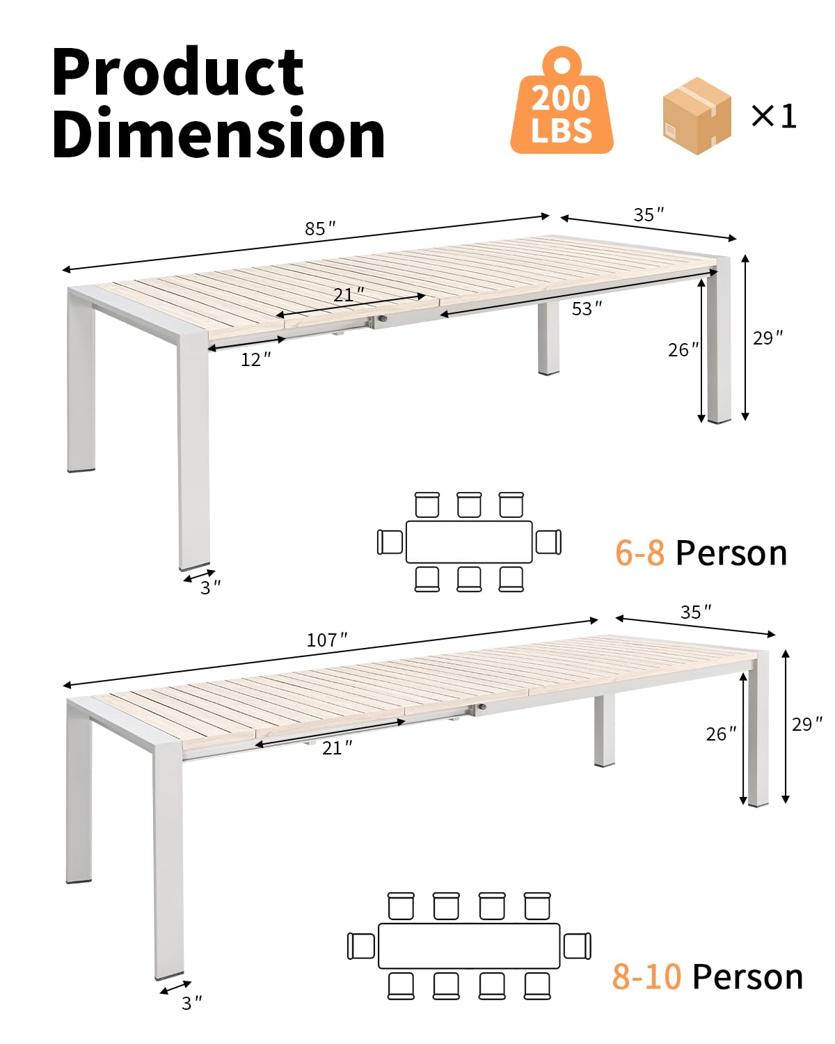 SEEHILL Extendable Outdoor Dining Table for 6-10 Person, 85"-107" Oversized Rectangular Patio Dining Table, Never-Rust Aluminum Expandable Dining Table with Faux Wood Grain Tabletop for Deck, Garden