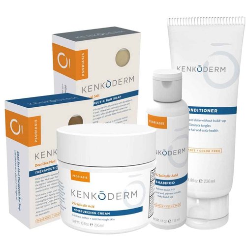 Kenkoderm Psoriasis Total Body & Scalp Bundle for Hair & Skin Care, Moisturizing Cream, 10 oz, Dead Sea Mud Soap & Mineral Salt Soap, 4.25 oz, Salicylic Acid Shampoo, 4 oz & Conditioner 8 oz
