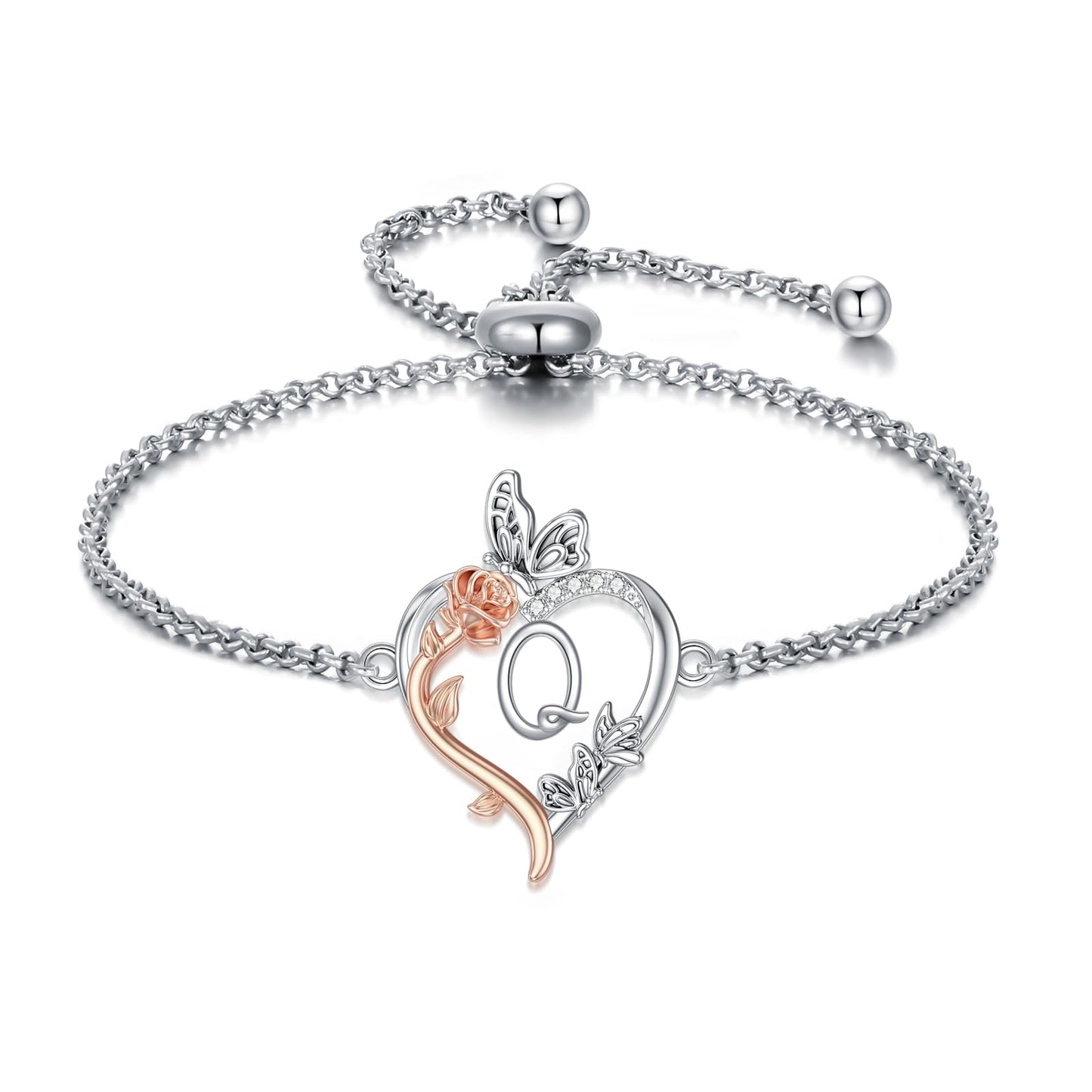 TOUPOP Rose Heart Bracelet for Women Sterling Silver Heart Initial Q Letter Bracelet Butterfly Love Jewelry Anniversary Birthday Mothers Day Gifts for Mom Wife Her Girlfriend