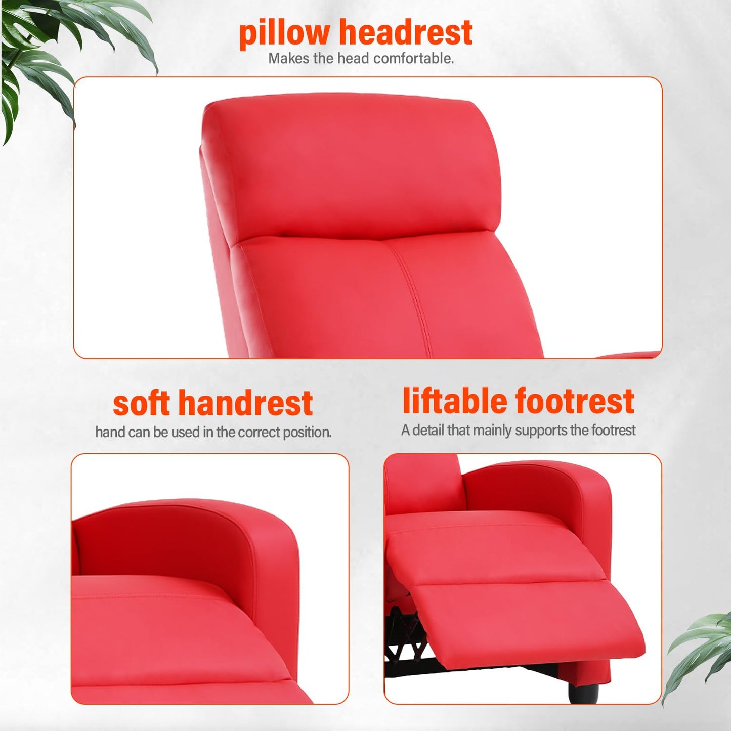 Dopinmin Recliner Chair PU Leather Massage Single Sofa Home Theater Seating Breathable Padded Reading Sofa with Footrest for Bedroom Living Room,Red
