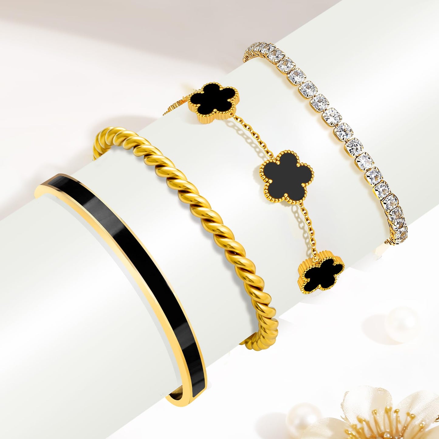 MOINSPIRE 18K Gold Plated Bracelets for Women, Stainless Steel Four Leaf Clover Tennis Nail Love Bangle Bracelets Set, Trendy Stackable Twist Cuff Bracelet Non Tarnish Jewelry Gifts for Christmas