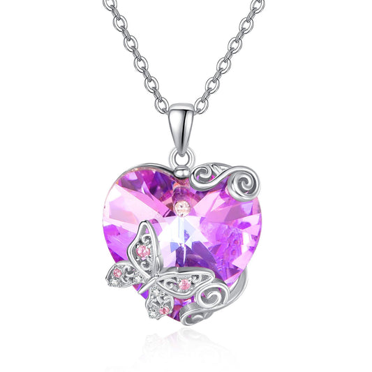 AENEAS Butterfly Necklace 925 Sterling Silver Butterfly Pendant with Love Heart Purple Crystal Butterfly Jewelry Gifts for Lovers Women Wife