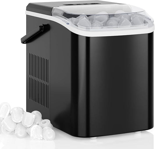 DUMOS Countertop Ice Maker with Handle, 26lbs/24H Portable Ice Machine, 9 Bullet Ice Cubes Ready in 6 Mins, Self-Cleaning, Quiet Compact Ice Maker for Home, Kitchen, RV, Camping, Modern Black