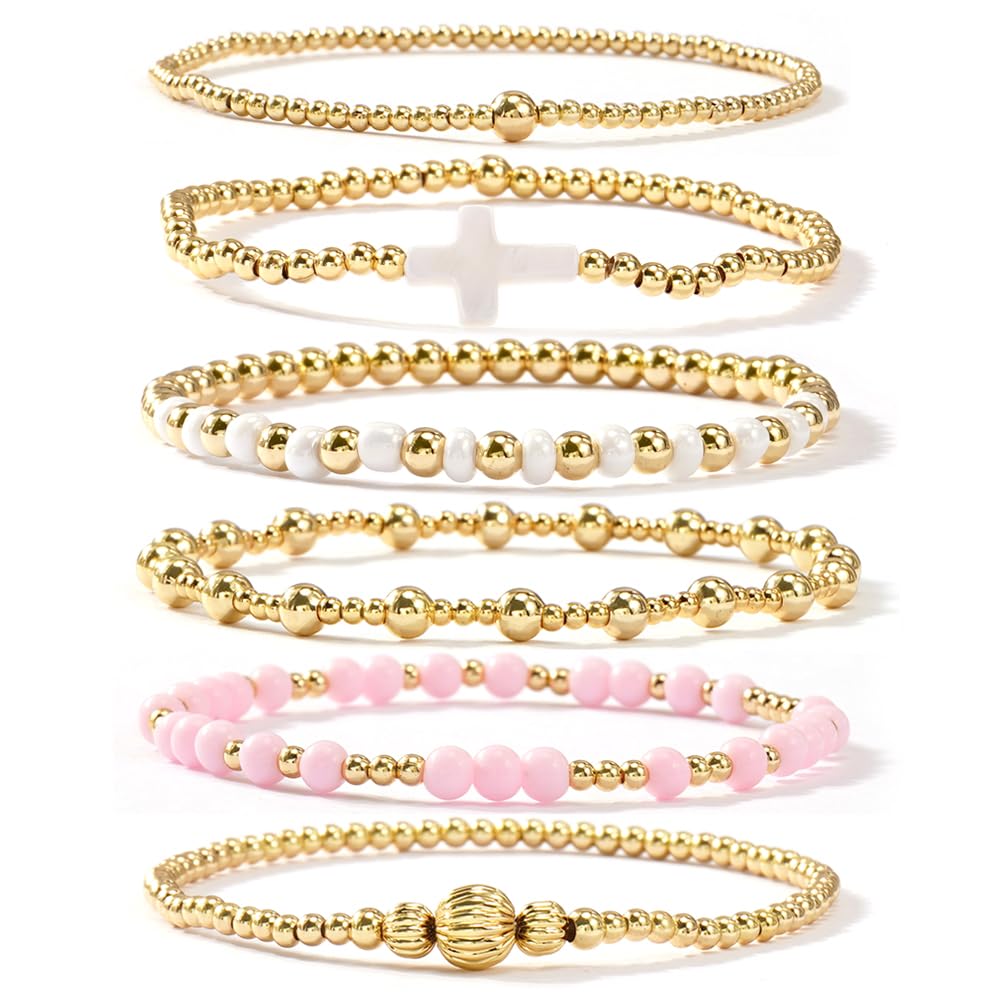 SHINUS BOHO Cross Gold Beaded Bracelet Stack for Women,Bohemian Stretch White Pink Beads Stackable Bracelets Set Fashion Prom Party Accessories Jewelry Gift Friendship