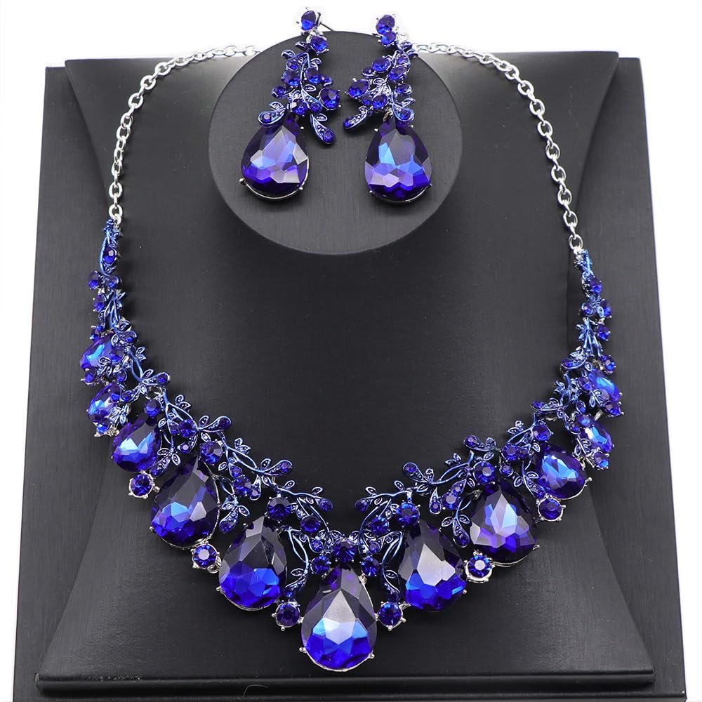 Qlavoca Vintage Crystal Teardrop Necklace Earrings Set - Gothic Statement Jewelry for Wedding Bridal Prom Party(Royal Blue Gold-Tone)