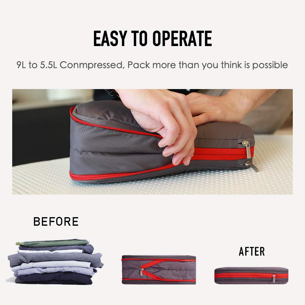 BeeNesting Compression Packing Cubes for travel carry on WaterProof Double Sided Small compressable packing bags 9L/GrayRed