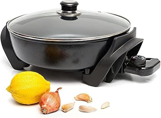 Moss & Stone Round Electric Skillet with Lid – 12x12 Inch Aluminum Nonstick Electric Frying Pan 5Qt, Adjustable Temperature Control, Vented Glass Lid, Dishwasher Safe, Heat-Resistant Handles