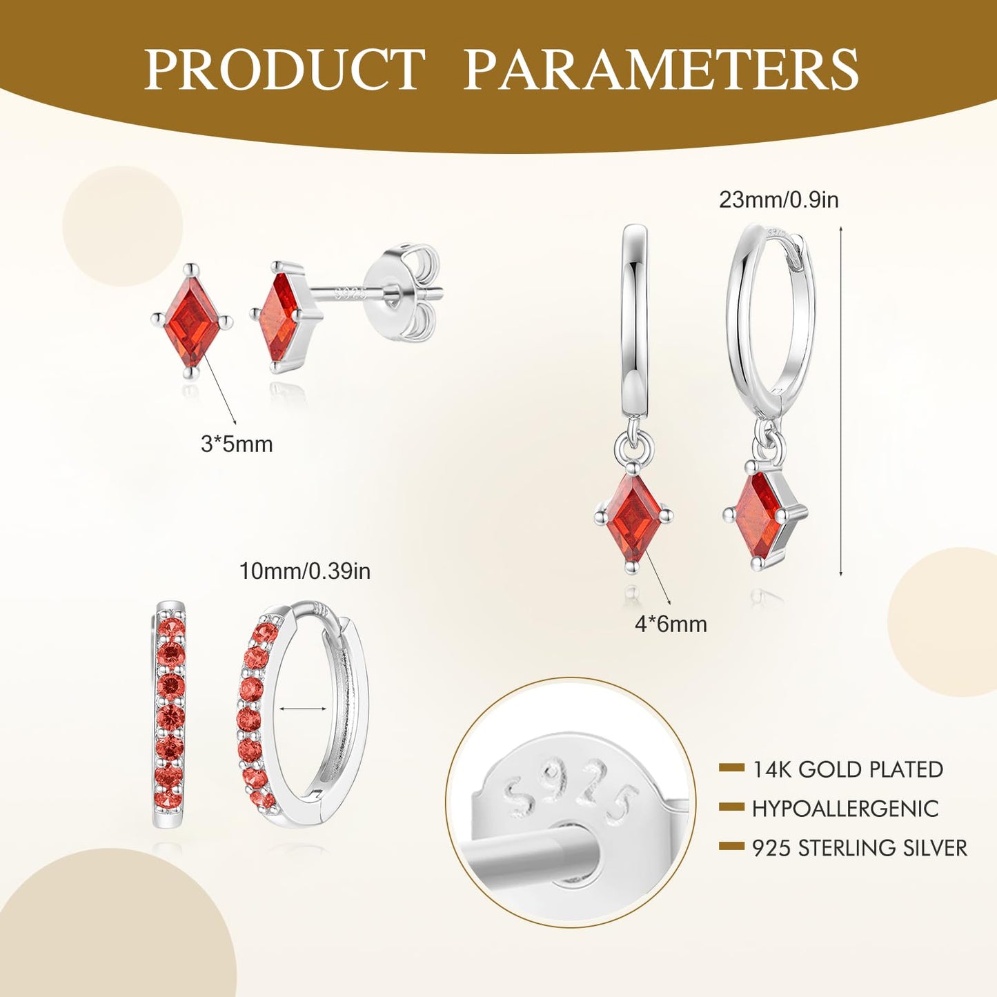 3 Pairs Sterling Silver Hoop Earrings Set for Women, Hypoallergenic Silver Red Earrings for Multiple Piercing, Dainty Huggie Ruby Earring Cartilage Earring Stacks Trendy Red Jewelry Gifts