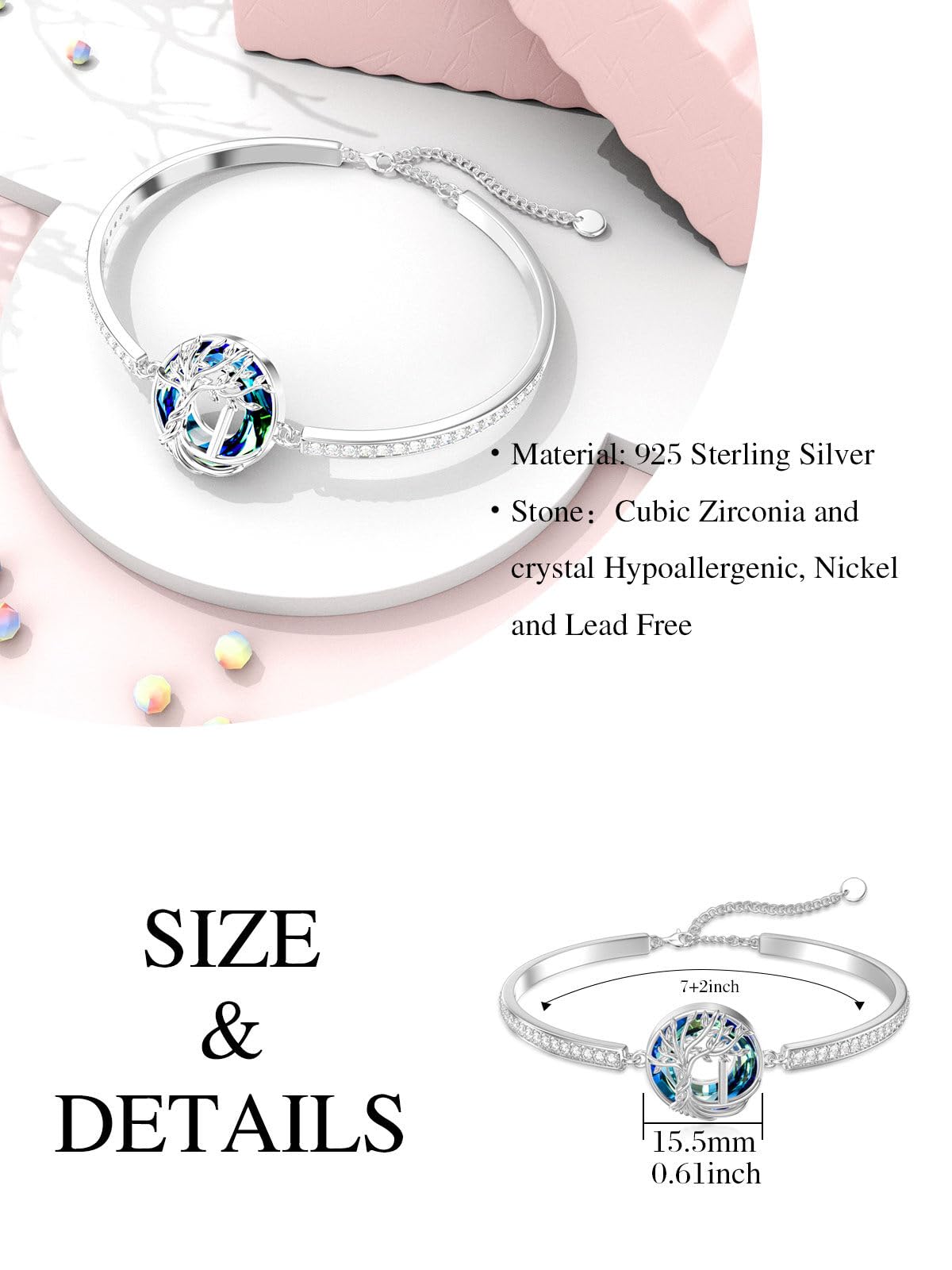 TOUPOP Tree of Life Bracelet Sterling Silver Initial I Letter Bangle Bracelet Family Tree Blue Crystal Jewelry Mothers Day Birthday Gifts for Women Mom Wife