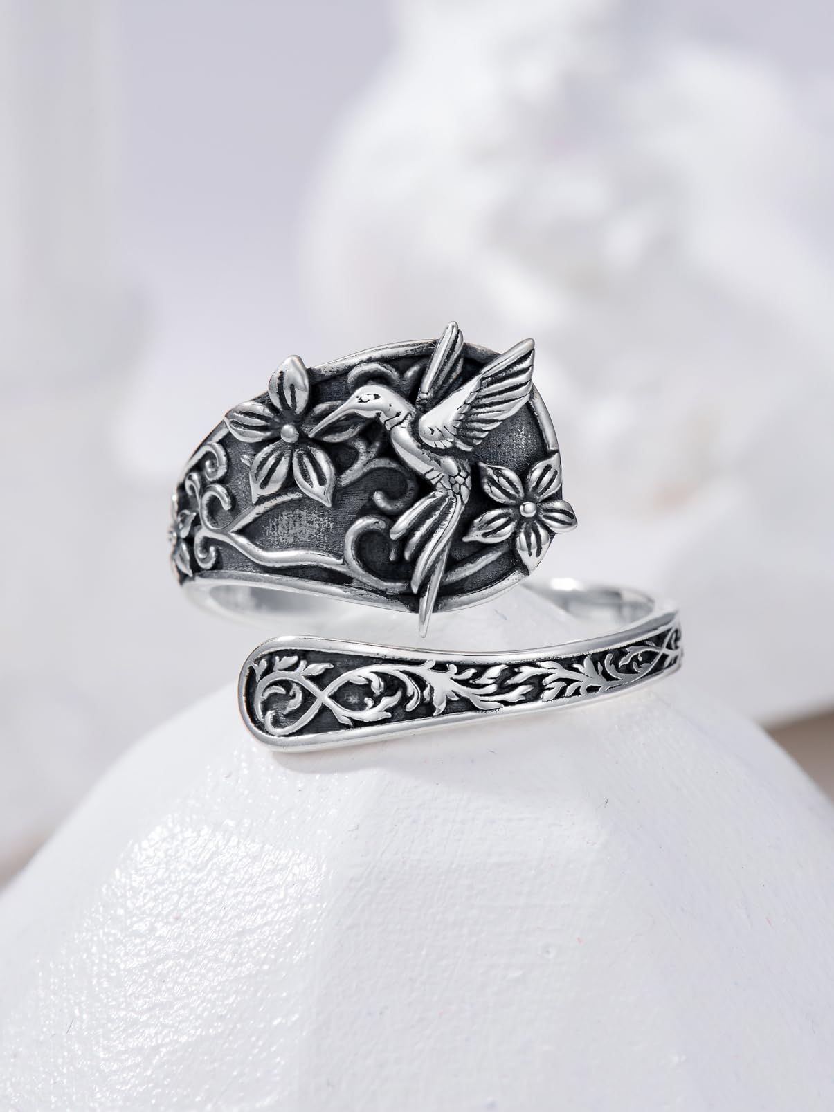 Midari Hummingbird Spoon Rings Sterling Silver Hummingbird Ring for Women Bird Ring Adjustable Hummingbird Thumb Rings Vintage Open Ring Hummingbird Jewelry for Women(Customization)