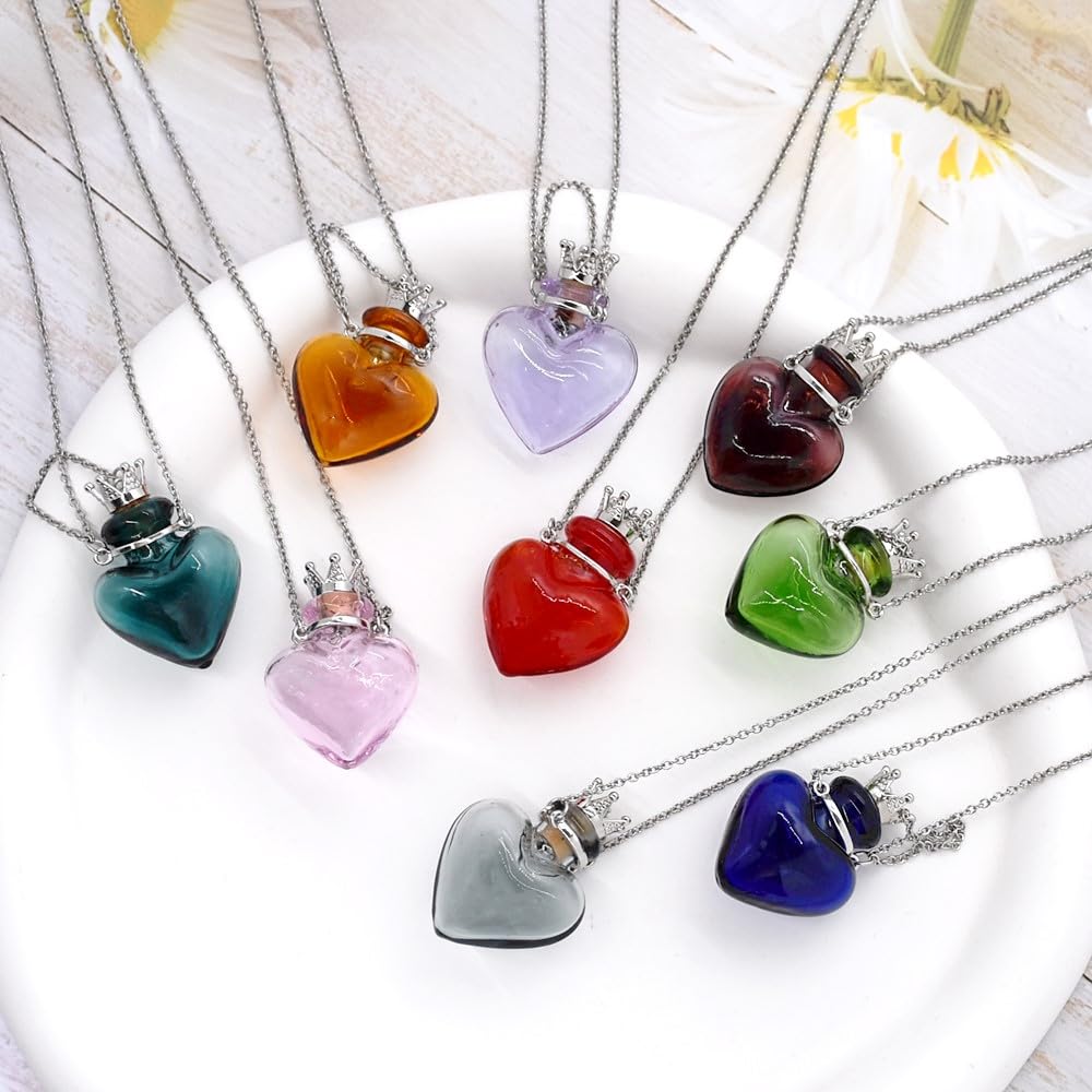 Glaze Glass Heart-Shaped Refillable Essential Oil Necklace Pendant - Aromatherapy Perfume Diffuser Pendant with Stainless Steel Chain (Red)