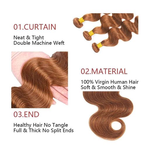 Giginger Brazilian Human Hair Bundles 26 28 30 Inch Color 30 Light Brown Body Wave Bundles Human Hair Unprocessed Virgin Quick Weave Hair for Black Women