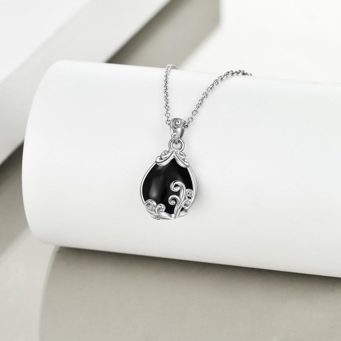POPLYKE Sterling Silver Black Tourmaline Filigree Teardrop Pendant Necklace Gemstone Crystal Jewelry for Women