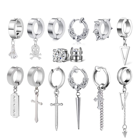 14 Pcs Silver Punk Stainless Steel Fake Piercing Cross Dagger Sword Spike Rivet Triangle Dangle Tassel Clip on Hoop Earrings Set for Women Men, Non Pierced Fake CZ Stud Earrings