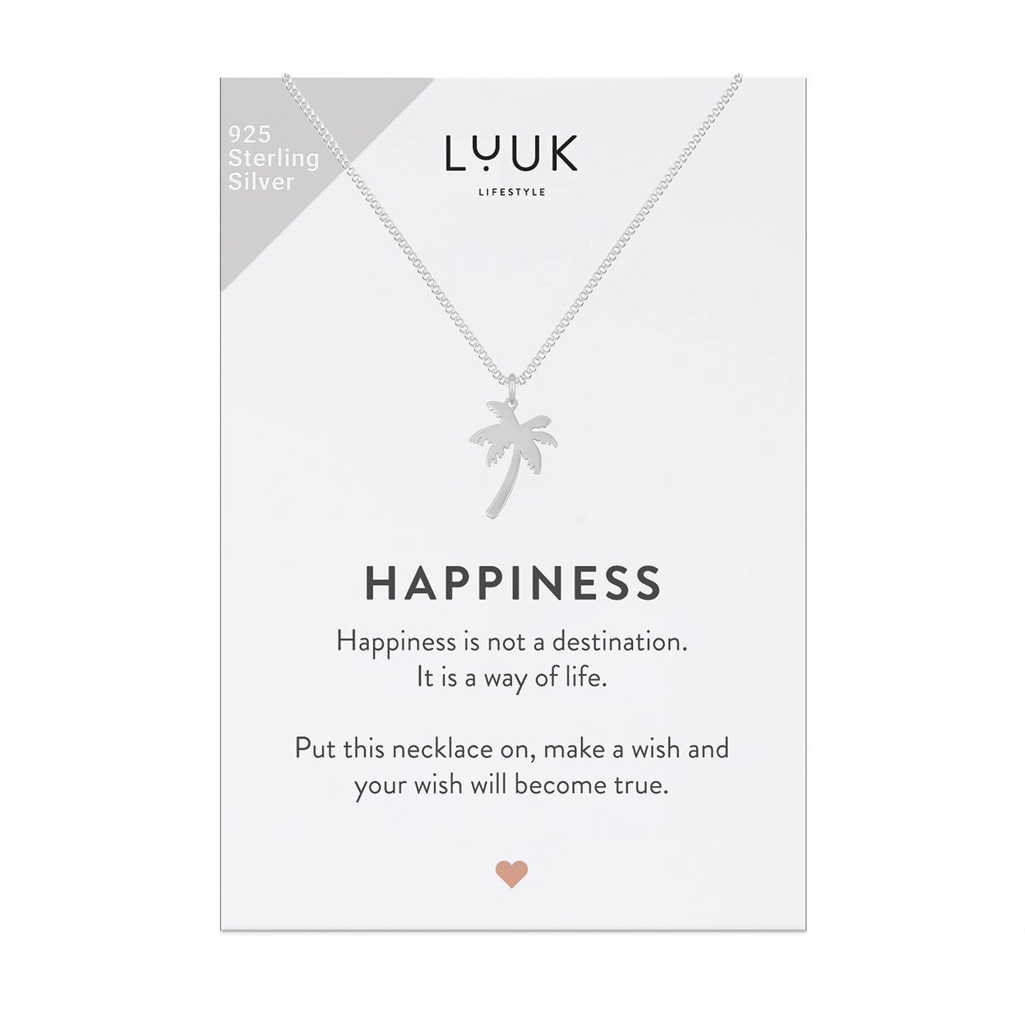 LUUK LIFESTYLE Necklace in 925 sterling silver, palm tree pendant and HAPPINESS gift card, trendy jewelry for women, fashion accessory for friend, sister, mother, lucky charm, silver