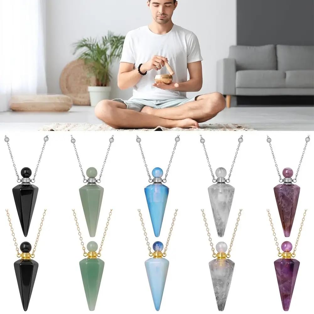 925 Sterling Silver Essential Oil Necklace For Women And Men, Natural Crystal Stone Cone Shape Pendant Necklace Healing Perfume Bottle Necklace Essential Oil Pendant Necklace (9 - Essential Oil Necklace)