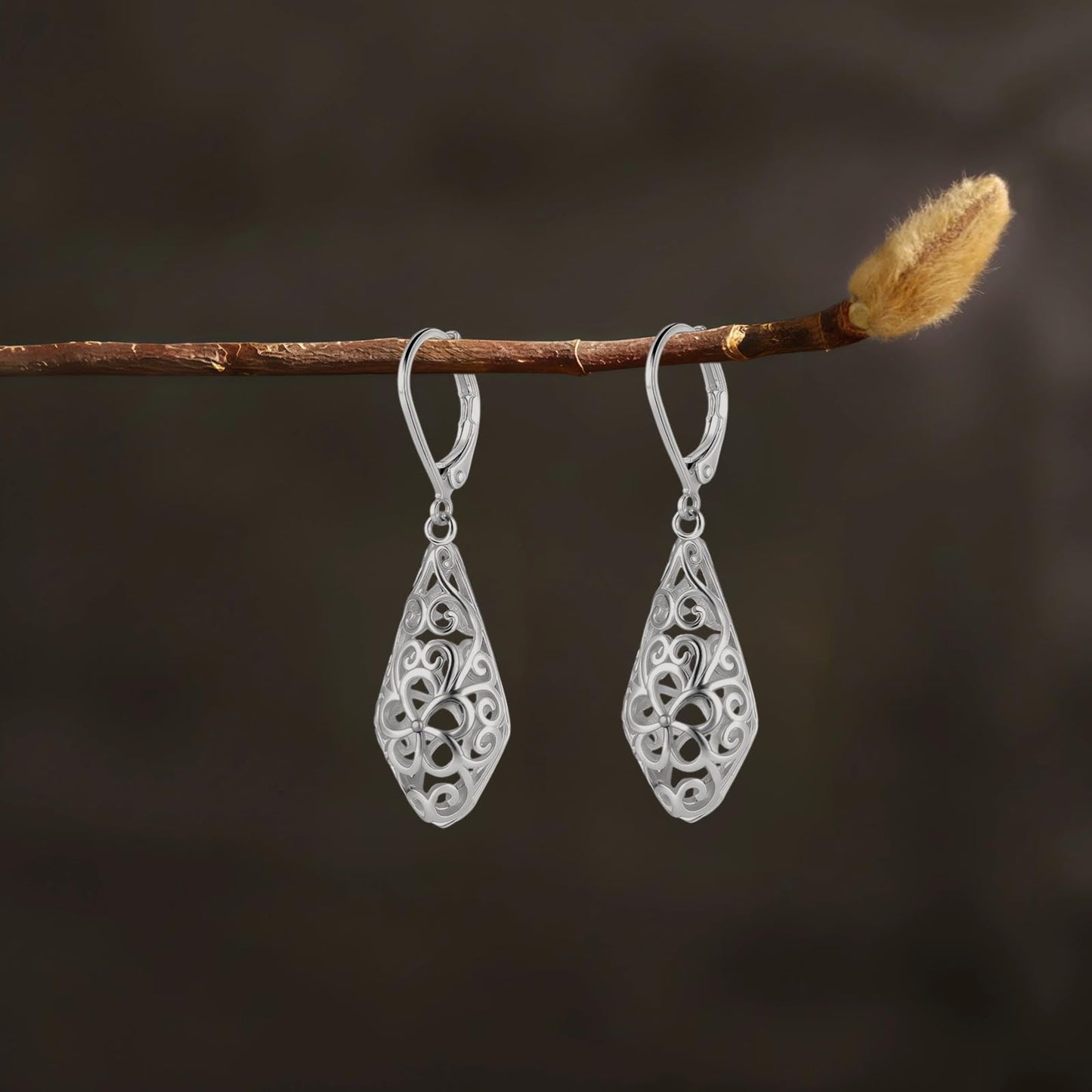 Rhombic 925 Sterling Silver Dangle Earrings for Women Hypoallergenic Filigree Leverback Drop Earrings Jewelry Gifts