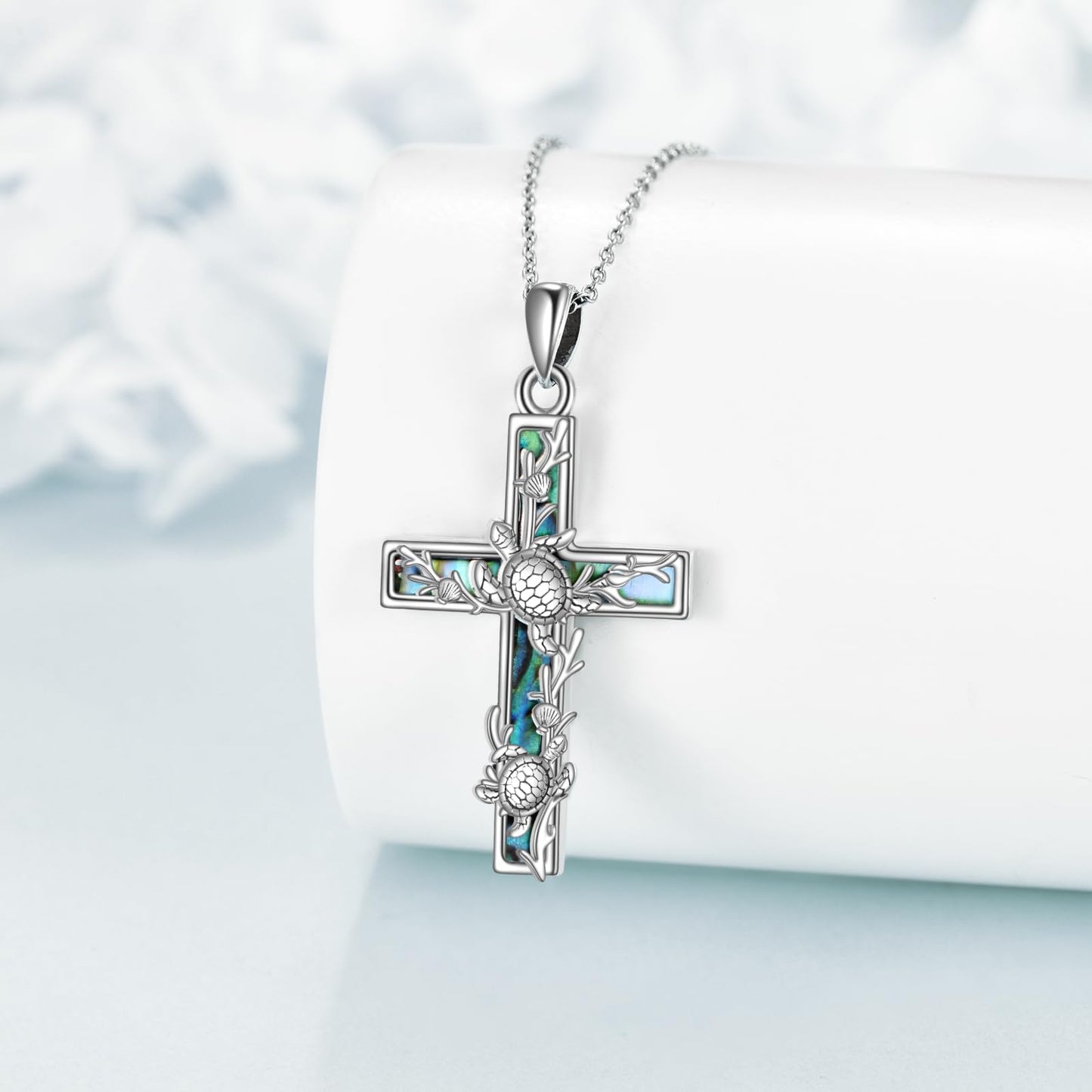 YFN Turtle Cross Necklace Sterling Silver Sea Theme Cross Pendant Abalone Shell Jewelry Religious Christian Baptism Gifts for Her Women