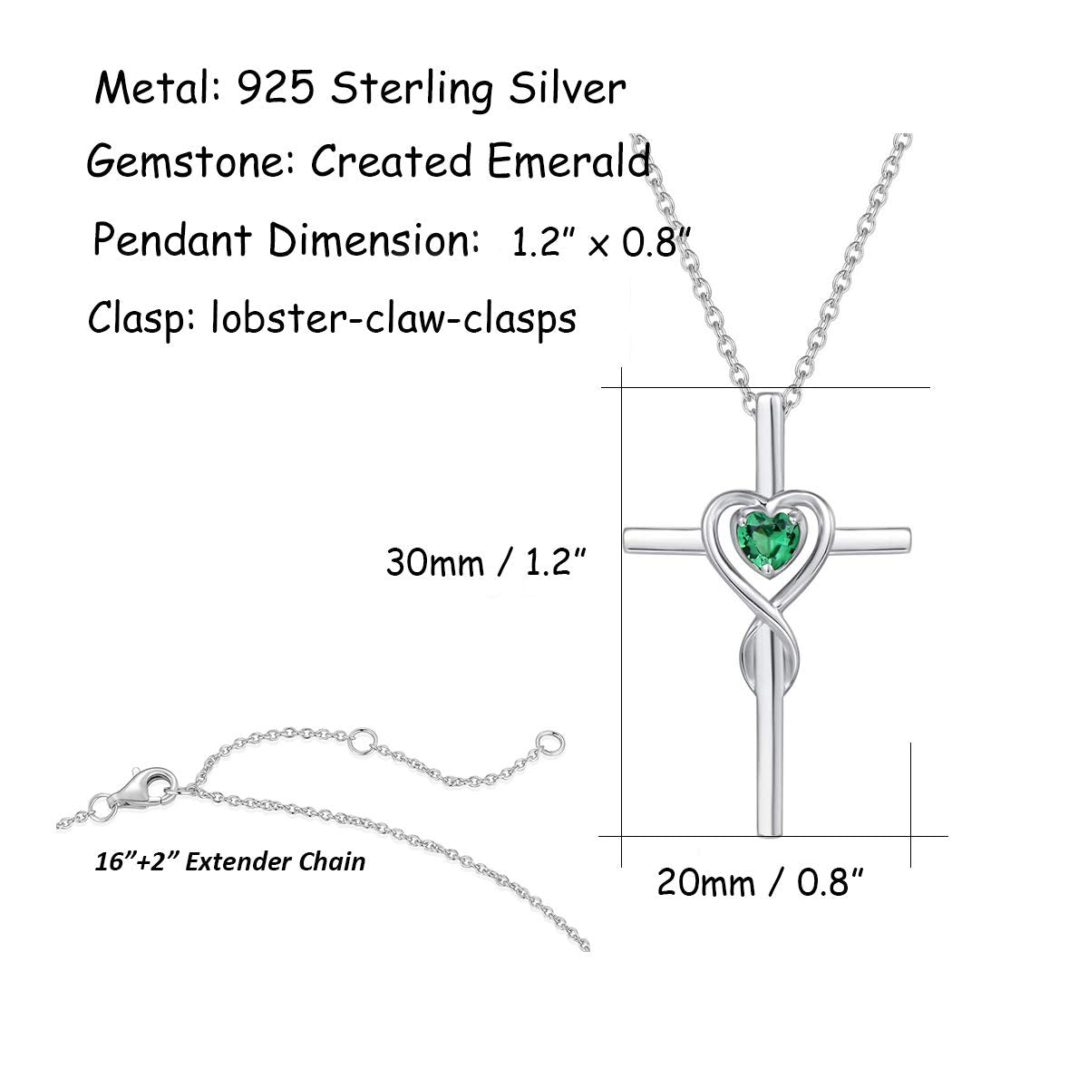 FANCIME Emerald Cross Necklace For Women Sterling Silver Birthstone Necklace Emerald Infinity Heart Cross Pendant May Birthstone Jewelry Gifts for Women