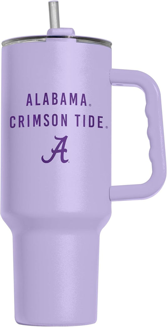 Logo Brands NCAA Alabama Crimson Tide Lavender 40 oz Tumbler with Handle - Stylish Everyday Use Powder Coated-Stainless Steel with Straw- Keeps Cold For Hours